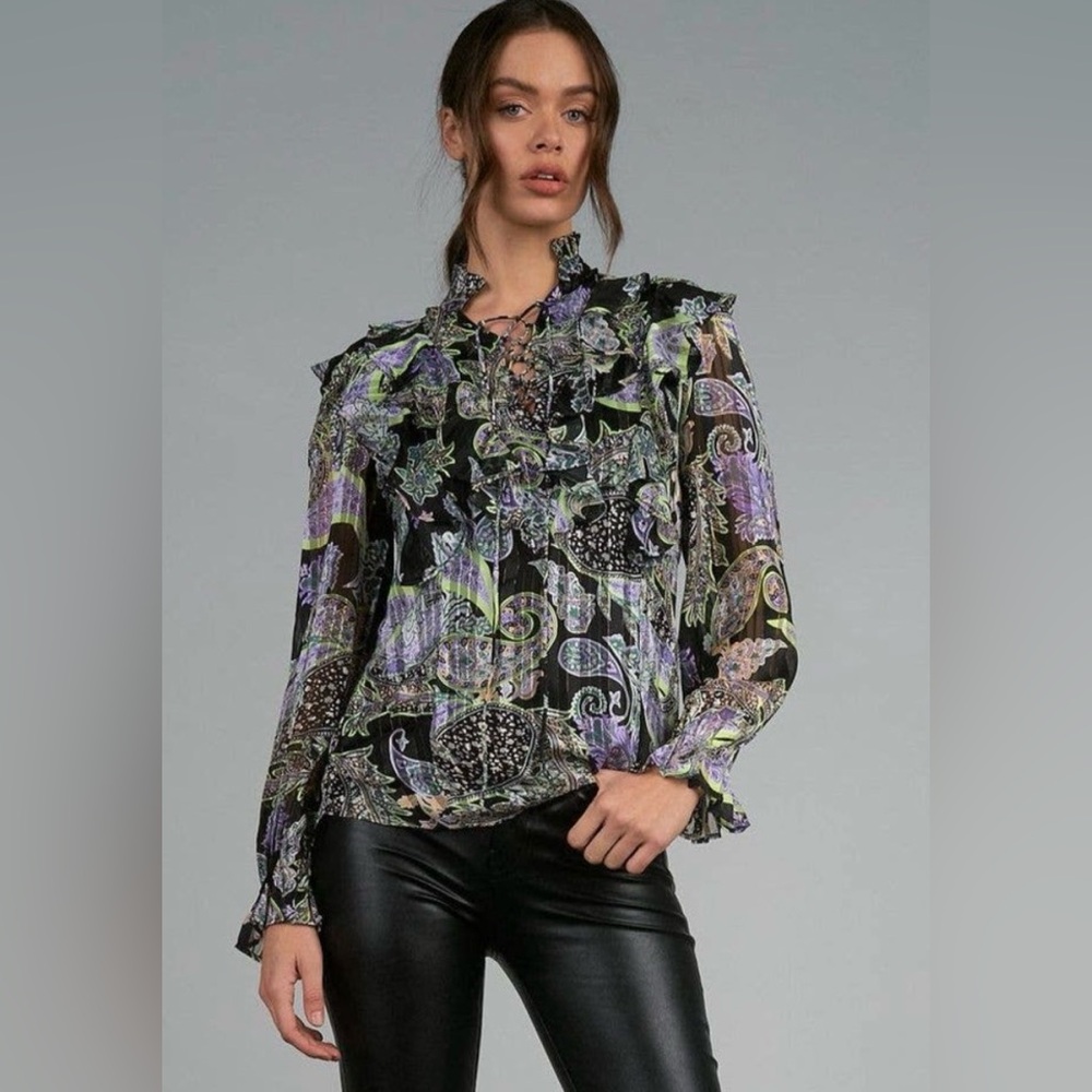 Elan Sincerely NWT blouse - Black, Green Purple Paisley print - Size Medium